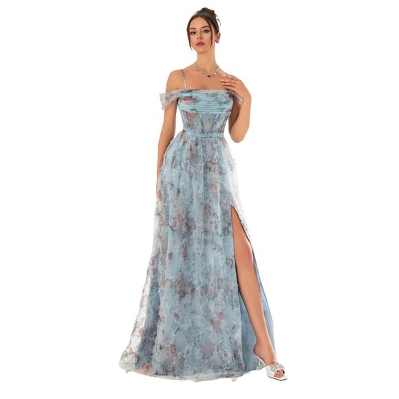 Women Fairy Formal Cold Shoulder Tulle A-Line Ruched Long Corset Prom Dress - Picture 1 of 7